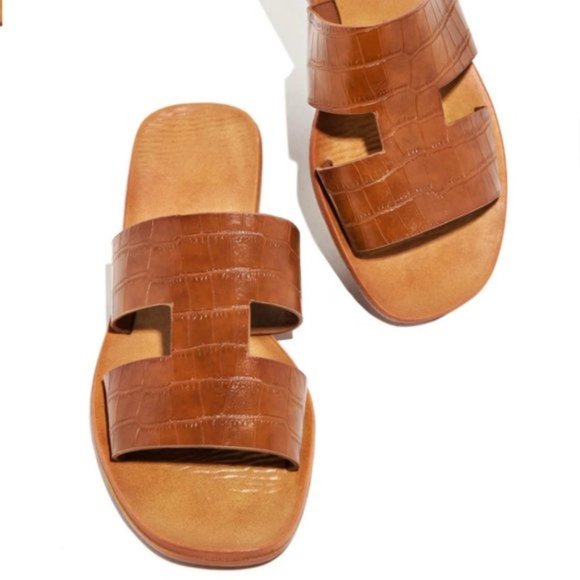 Brown Croc Embossed Slip One Sandals - Picture 2 of 3